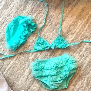 Swim size 18 months. Has a cute hat to match!